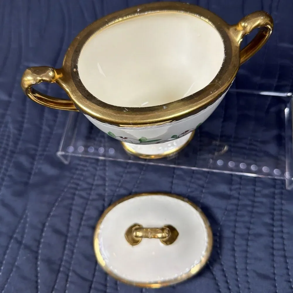 Vintage Porcelain Covered Sugar Bowl Dogwood Flowers Gold Trim Handles Lid